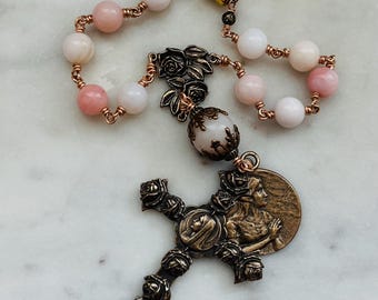 Mary Magdalene Auto Rosary Opal Bronze Roses Cross