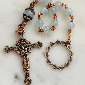 Crown of Thorns Rosary Tenner - Aquamarine Gemstone Rosary - Bronze - Single Decade Rosary CeCeAgnes