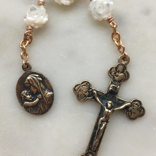 Three Hail Mary Chaplet - Evangelist Crucifix - Shell Carved Roses and Bronze Medals