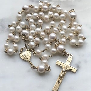 Bride - Wedding Rosary - 14K Gold Rosary Medals- Freshwater Pearl - Bouquet CeCeAgnes