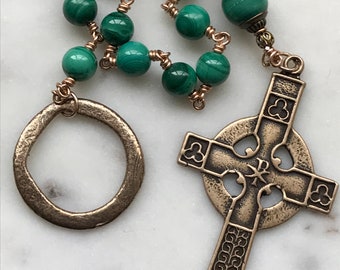 Irish Penal Rosary - Green Malachite Gemstones and Bronze - Single Decade Rosary CeCeAgnes