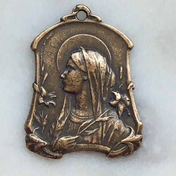 Medal - Virgin Mary with Lilies - Bronze or Sterling Silver - Antique Reproduction 431 CeCeAgnes