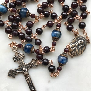 Sorrowful Mother Rosary - Garnet and Kyanite Gemstones and Solid Bronze - Pardon Crucifix CeCeAgnes
