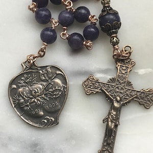 Pocket Rosary - Twin Hearts - Lepidolite and Bronze - Sacred Heart Crucifix - Sacred and Immaculate Hearts CeCeAgnes