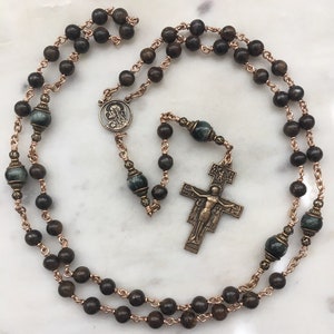 Bronze Franciscan Rosary - Saint Francis - Bronzite - Brown and Green Gemstones - San Damiano Crucifix CeCeAgnes