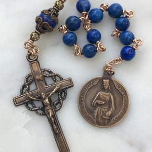Saint Dymphna Rosary: Lapis and Bronze Pocket Rosary