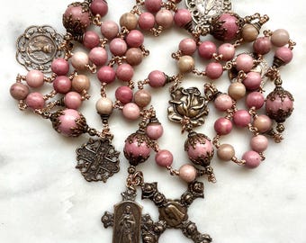 Large Pink Rhodonite Rosary - Roses - Bronze - Antique Reproduction Medals - wire-wrapped CeCeAgnes