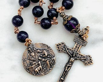 Holy Family Pocket Rosary - Amethyst and Bronze - Single Decade Tenner - CeCeAgnes