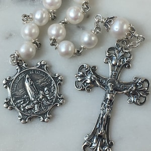 Sterling Pocket Rosary - Our Lady of Fatima Tenner - Freshwater Pearl - Beautiful Crucifix - One Single Decade Rosary