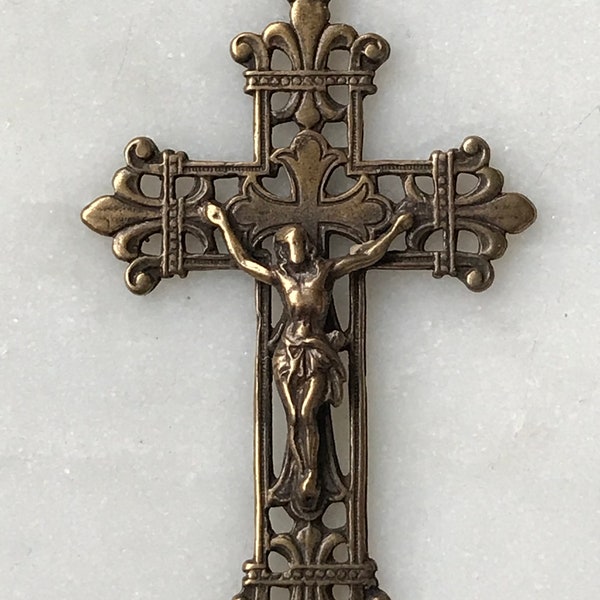 Fleur de Lis Crucifix Pendant - Sterling Silver or Bronze - Antique French Reproduction 813 CeCeAgnes