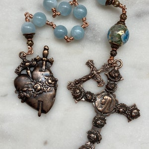 Roses and Aquamarine Single Decade Rosary - Bronze - Immaculate Heart