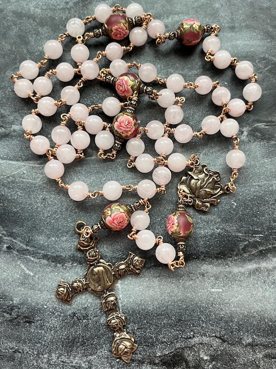 Large Pink Rose Quartz Rosary: Bronze Antique Reproduction Medals