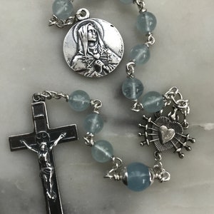 Pocket Servite Rosary - Aquamarine Gemstones - Sterling and Sterling Silver - Seven Sorrows Chaplet - Our Lady of Sorrows CeCeAgnes