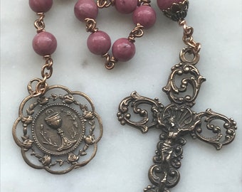 Pink Pocket Rosary - First Communion Tenner - Rhodonite Gemstones - Bronze - Single Decade Rosary CeCeAgnes