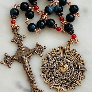 Large Sacred Heart Novena Chaplet - Blue Tiger Eye and Bronze