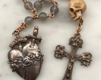 Memento Mori Pocket Rosary: Labradorite, Ox Bone Skull, Bronze
