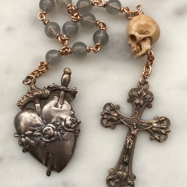 Memento Mori Pocket Rosary - Labradorite and Ox Bone Skull - Bronze - Tenner - Immaculate Heart - Single Decade Rosary CeCeAgnes