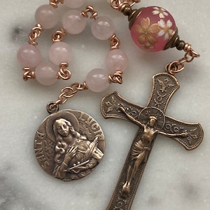 Saint Lucy Rose Quartz and Tensha Single Decade Rosary - Bronze