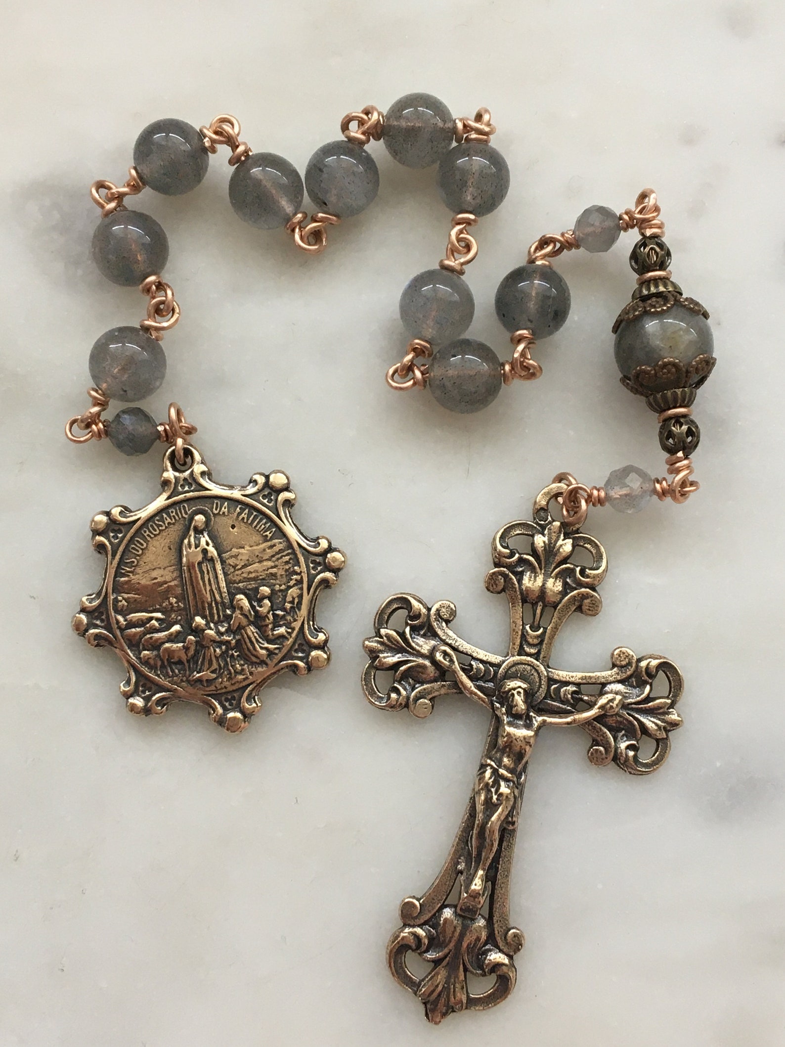 Our Lady of Fatima Pocket Rosary - Labradorite and Bronze - Single ...