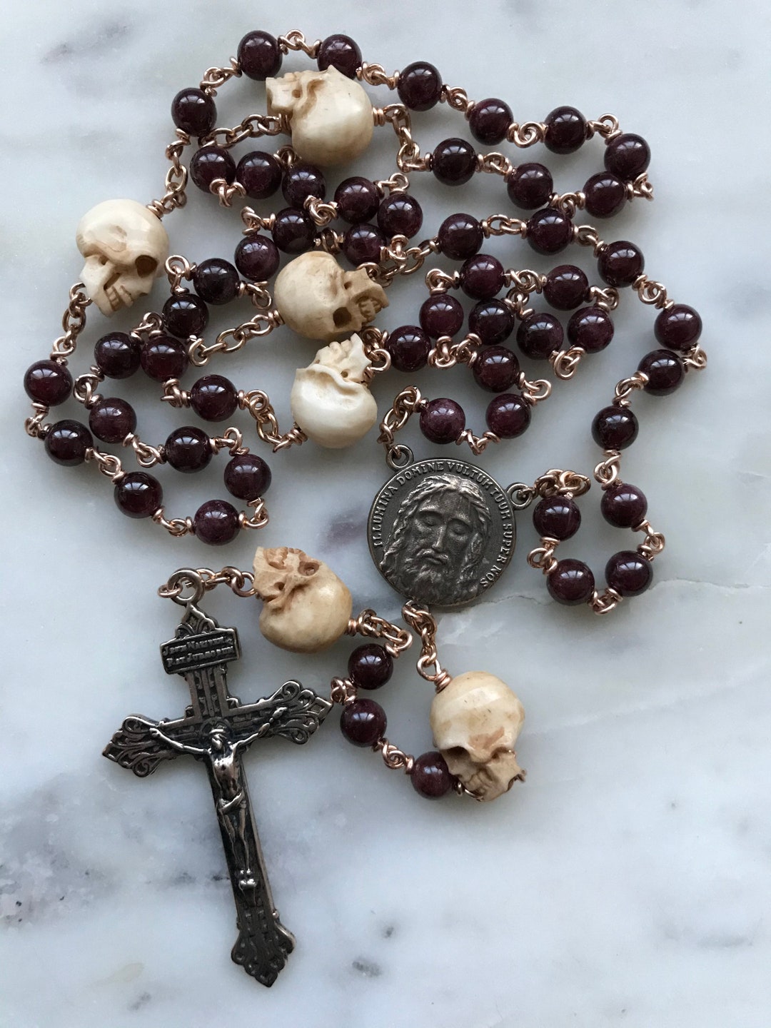 Memento Mori Rosary Garnet, Ox Bone Skulls Bronze Pardon Crucifix