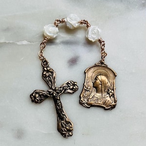 Three Hail Mary Chaplet - Mary with Lilies - Mother of Pearl and Bronze CeCeAgnes