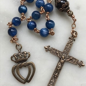 Blue Kyanite Rosary: Garnet, Bronze, French Crucifix