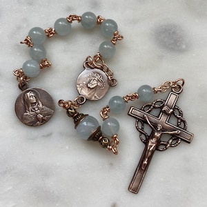 Pocket Servite Rosary - Aquamarine - Bronze - Seven Sorrows Chaplet - Our Lady of Sorrows