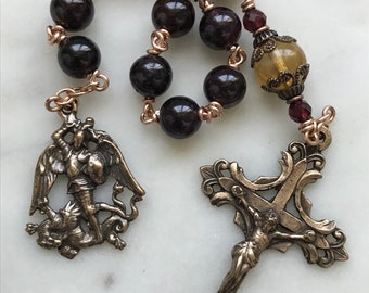 Saint Michael Rosary - Garnet and Citrine - Bronze - Pocket Tenner - Saint Michael - Single Decade Rosary CeCeAgnes