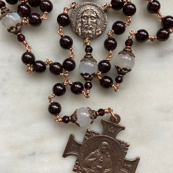 Sacred Heart Chaplet - Holy Face Chaplet - Blessed Sacrament Chaplet - Garnet and Moonstone Gemstones - Bronze CeCeAgnes