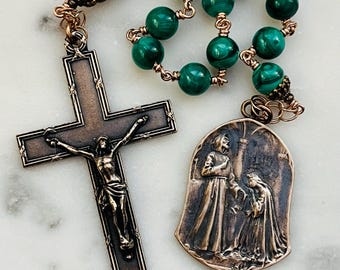 Ornate Bronze Malachite Rosary: Saint Elizabeth & Francis Tenner