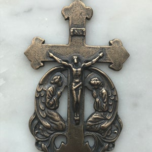 Crucifix Pendant with Two Angels in Adoration - Sterling Silver or Bronze - Antique Reproduction 315 CeCeAgnes