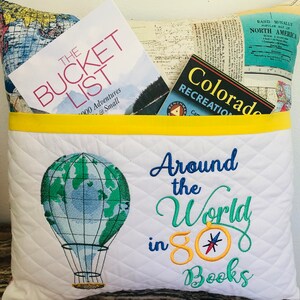 World Reading Pillow, Hot Air Balloon Reading Pillow, Embroidered and Personalized