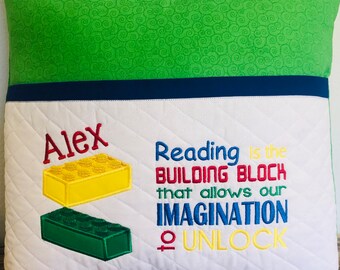 Building Block Reading Pillow, Personalized Pillow, Embroidered Pocket Pillow