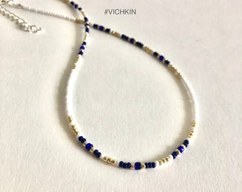 Royal Blue Beach Summer necklace/ surfing /beaded chocker/ glass seed beads/ coastal granddaughter/ old money/obx/