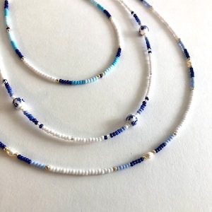 Dainty Blue Beach Summer necklace/ fresh pearl/ porcelain/ surfing /beaded chocker/ glass seed beads/ coastal granddaughter/ old money/obx/