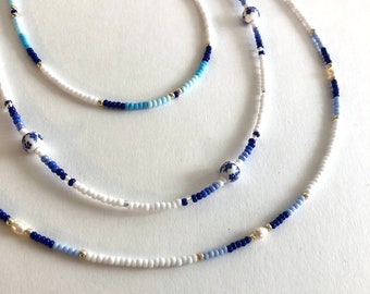 Dainty Blue Beach Summer necklace/ fresh pearl/ porcelain/ surfing /beaded chocker/ glass seed beads/ coastal granddaughter/ old money/obx/