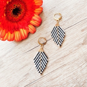 Miyuki leaves, unique jewelry, dangle and drop earrings, handmade jewelry, beaded earrings, gift for women, black and white earrings