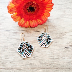 Hexagon beaded earrings, miyuki earrings, boho earrings, gift for women, sterling silver earrings, miyuki jewelry, statement earrings