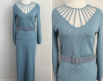Blue Skies Ahead Dress - 70s does 30s blue knit dress, small