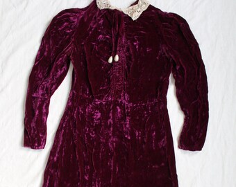 Sugar Plum Fairy Dress 30s purple velvet dress with antique lace collar small