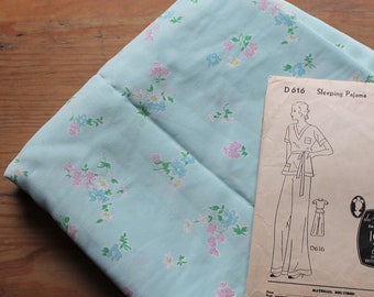 1930s cold rayon aqua blue floral yardage, just under 5 yards