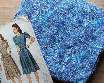 1940s blue paisley cotton yardage, 4 yards x 34"