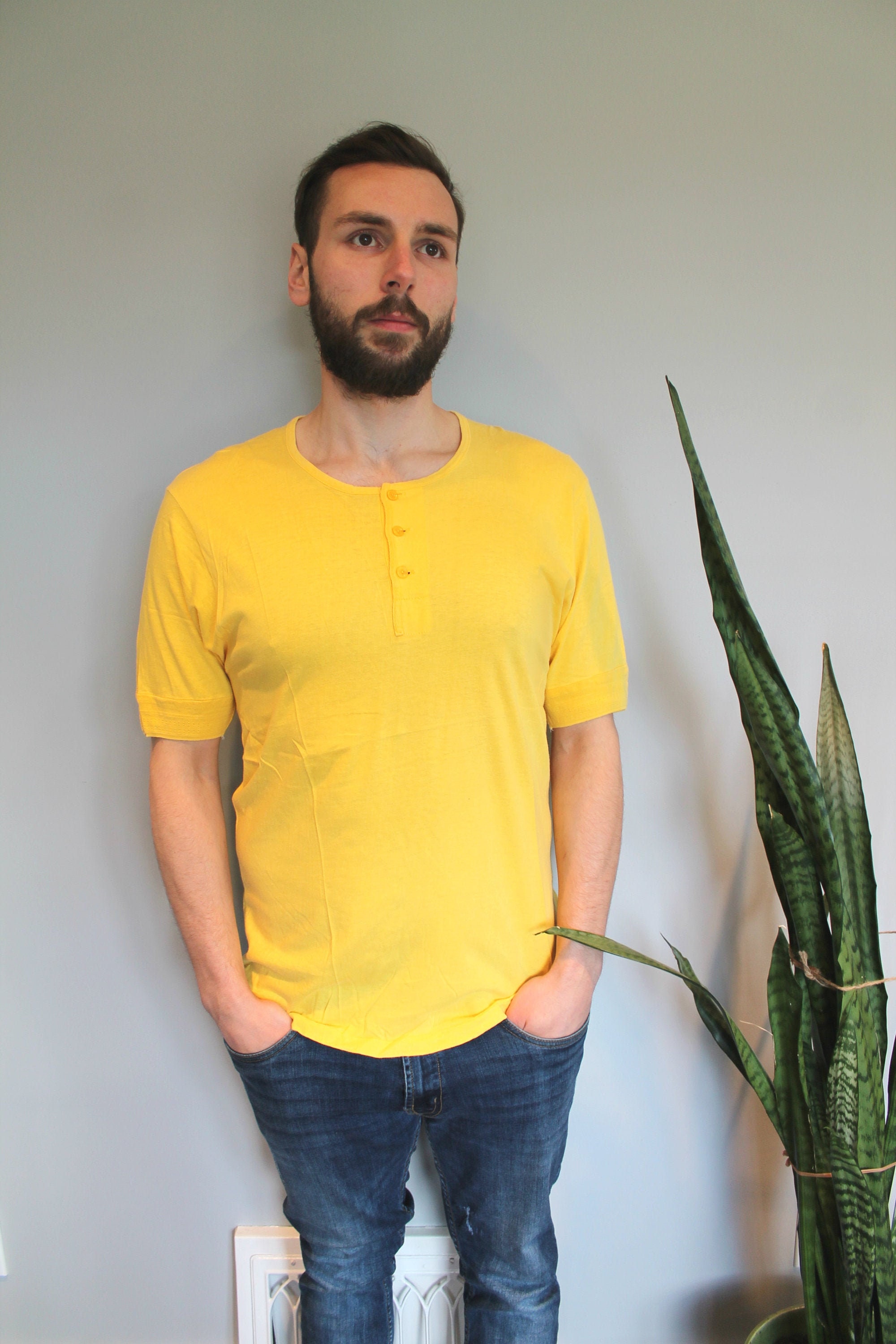 mustard yellow shirt with jeans