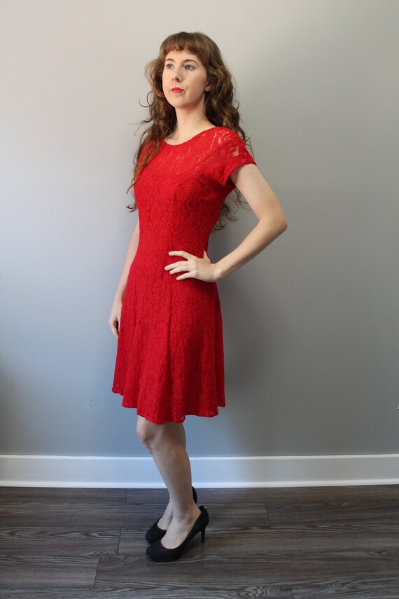 red lace skater dress