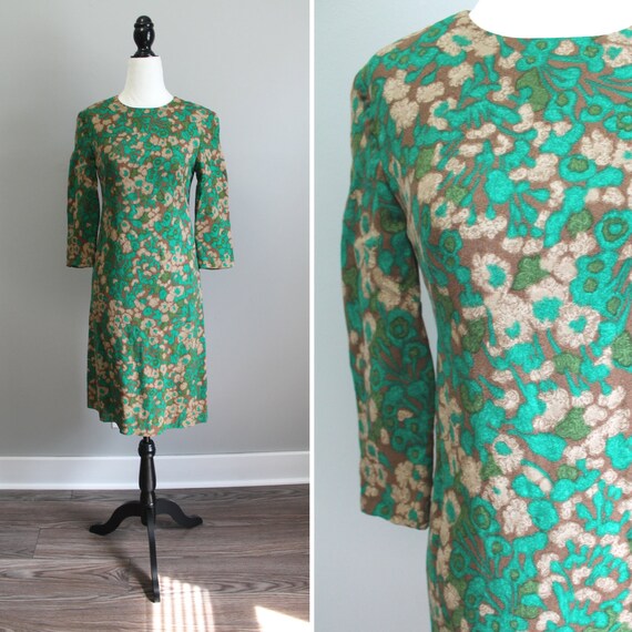 Watercolour Dress - 50s green and brown barkcloth