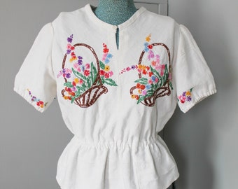 Fresh Blossoms Blouse - 30s/40s inspired upcycled tablecloth linen blouse, small