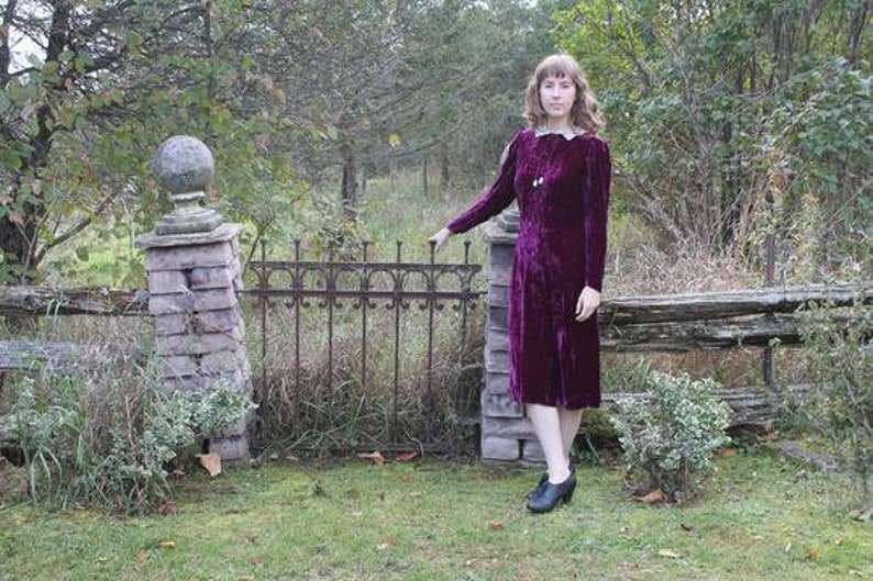 Sugar Plum Fairy Dress 30s purple velvet dress with antique lace collar small