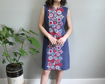 Garden of Earthly Delights Dress - 1960s navy linen embroidered shift dress, S/M