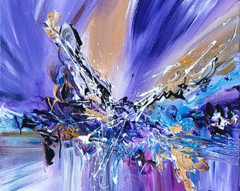 May include: An abstract painting on canvas featuring a vibrant explosion of purple, gold, white, and blue paint. The composition uses thick, textured brushstrokes and splatters that radiate outward from the center. The artist's signature is visible in the bottom right corner.