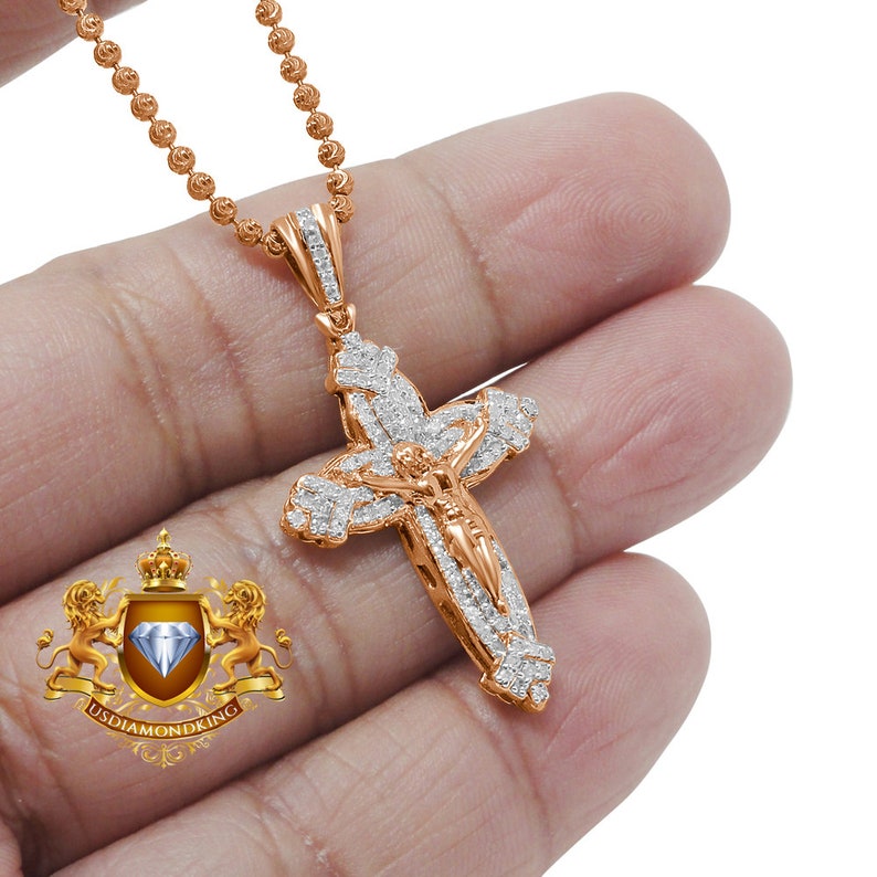 Men/'s Real Genuine Diamond Mini Crucifix Jesus Cross Pendant Charm Chain Set 10K Gold Finish